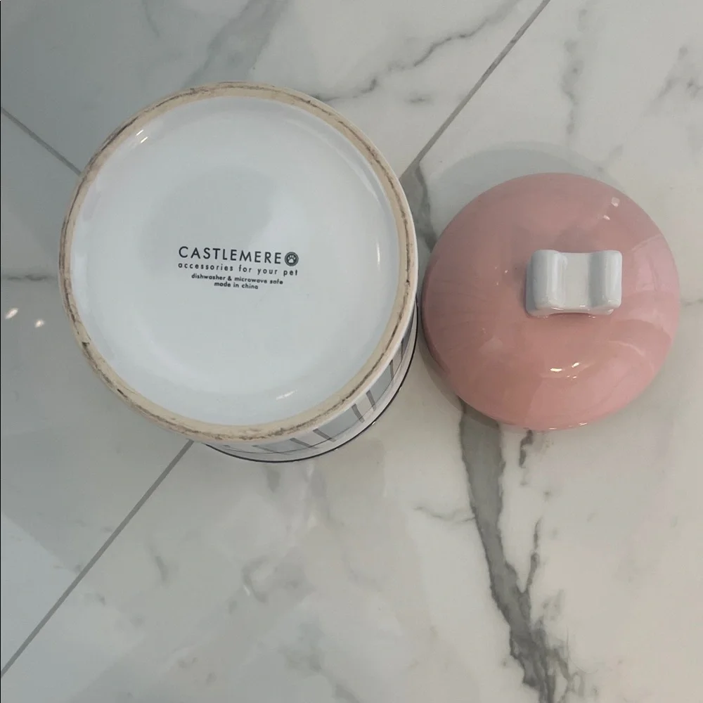 Ceramic Dog Treat Canister — Pink Lid & Blue Striped Body